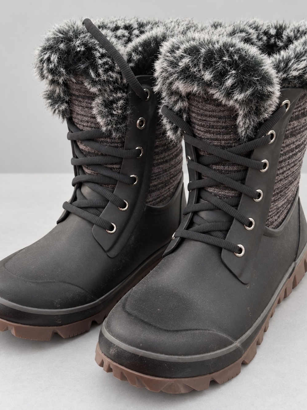 Bogs Black Lace-Up Faux Fur Winter Boots with Brown Lug Sole